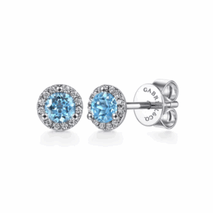 14K White Gold December Birthstone Studs with .66ctw Blue Topaz & .08ctw Diamond Halo