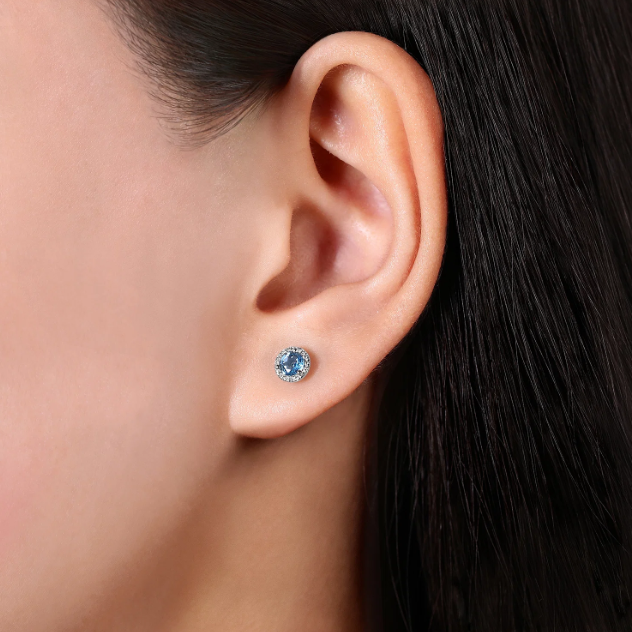 14K White Gold December Birthstone Studs with .66ctw Blue Topaz & .08ctw Diamond Halo Earrings 2
