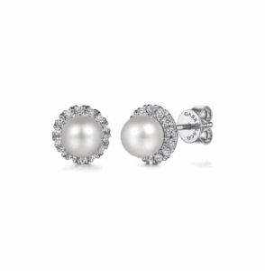 14K White Gold June Birthstone Studs with .24ctw Pearls & .14ctw Diamond Halo Earrings 3