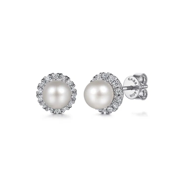14K White Gold June Birthstone Studs with .24ctw Pearls & .14ctw Diamond Halo Earrings