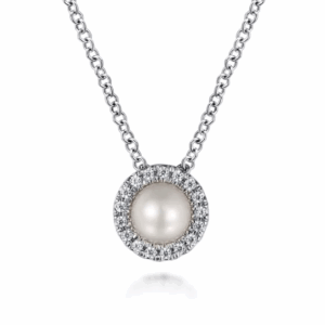 14K White Gold June Birthstone Pendant with .23ct Pearl & .07ctw Diamond Halo 18