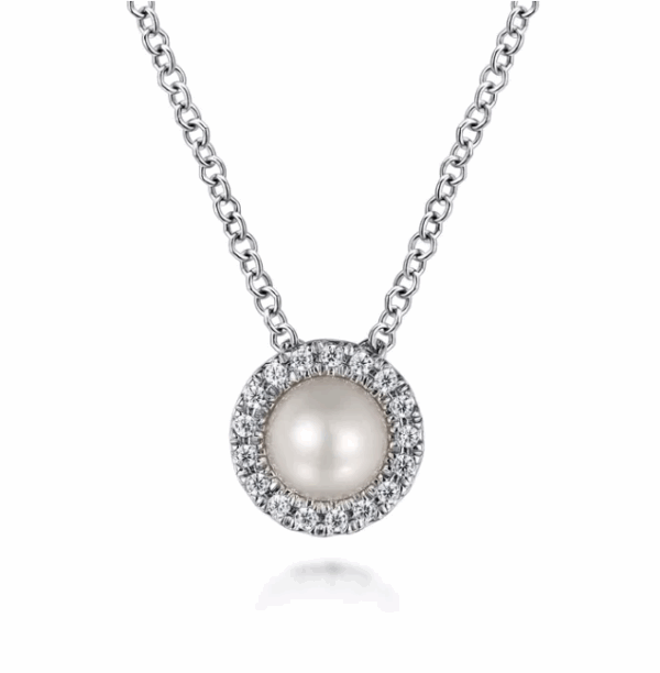 14K White Gold June Birthstone Pendant with .23ct Pearl & .07ctw Diamond Halo 18″ Fine Jewelry 7
