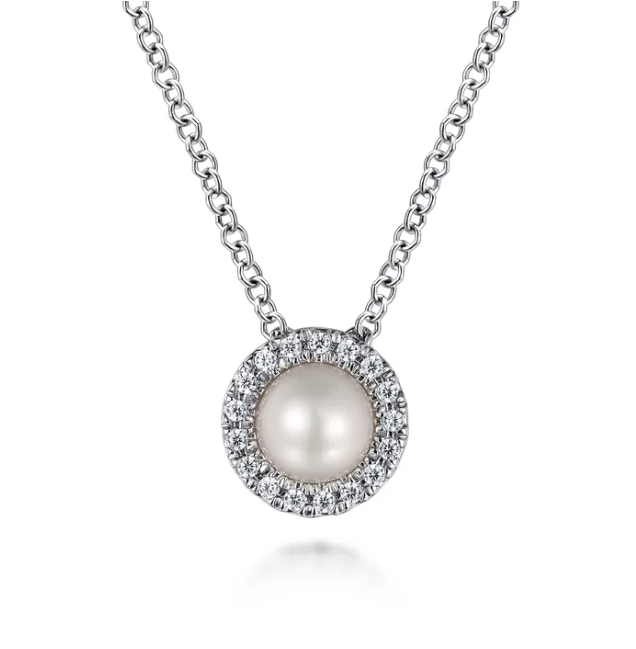 14K White Gold June Birthstone Pendant with .23ct Pearl & .07ctw Diamond Halo 18″ Fine Jewelry