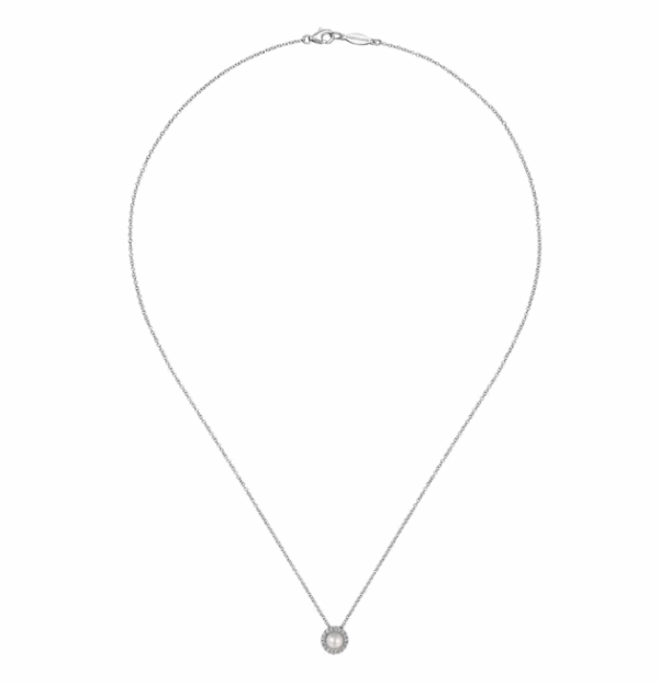 14K White Gold June Birthstone Pendant with .23ct Pearl & .07ctw Diamond Halo 18″ Fine Jewelry 9