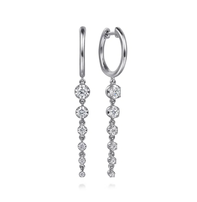 14K White Gold Huggie Drop Earrings with .74ctw Graduating Round Diamonds Earrings