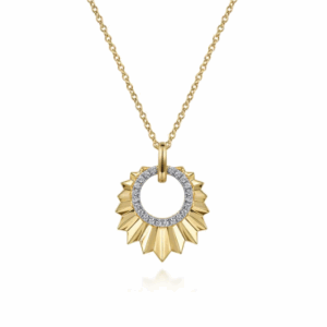 14K Yellow Gold Textured Leaf Shape Necklace with .11ctw Diamonds 17.5