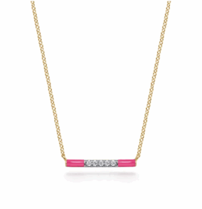 14K Yellow Gold Pink Enamel Bar Necklace with .06ctw Diamonds 14-18″ Fine Jewelry 3