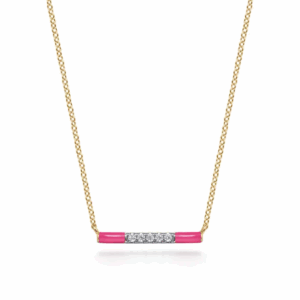 14K Yellow Gold Pink Enamel Bar Necklace with .06ctw Diamonds 14-18