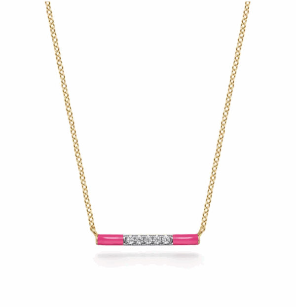 14K Yellow Gold Pink Enamel Bar Necklace with .06ctw Diamonds 14-18″ Fine Jewelry 5