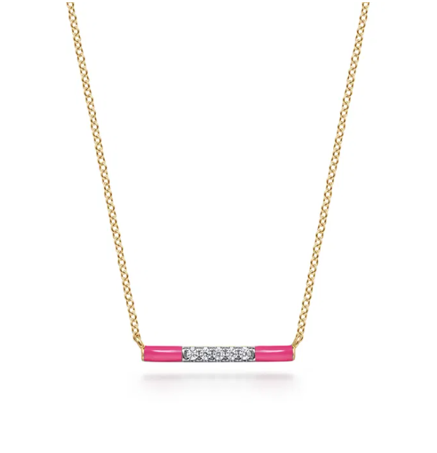 14K Yellow Gold Pink Enamel Bar Necklace with .06ctw Diamonds 14-18″ Fine Jewelry