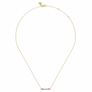 14K Yellow Gold Pink Enamel Bar Necklace with .06ctw Diamonds 14-18