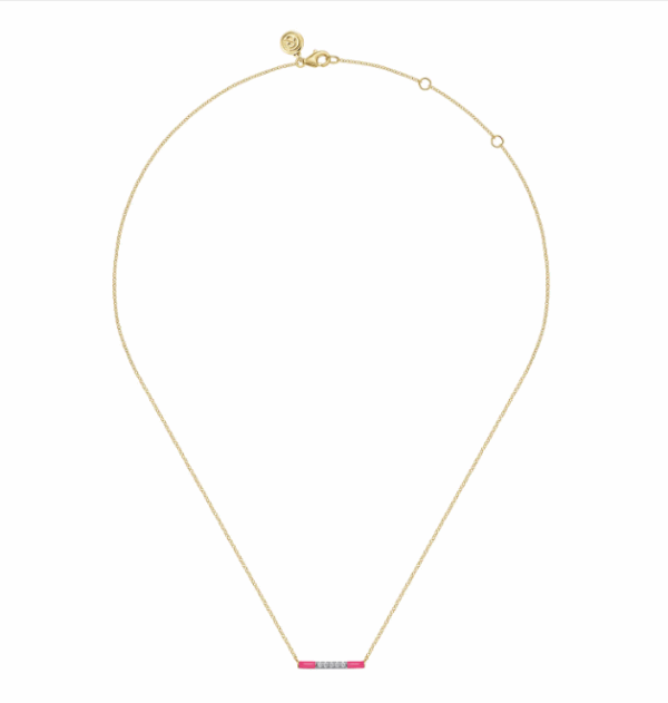 14K Yellow Gold Pink Enamel Bar Necklace with .06ctw Diamonds 14-18″ Fine Jewelry 6