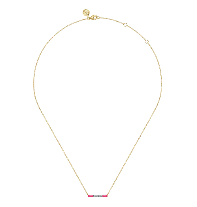 14K Yellow Gold Pink Enamel Bar Necklace with .06ctw Diamonds 14-18″ Fine Jewelry 2
