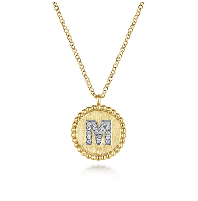 14K Yellow Gold Initial Letter “M” Medallion Pendant with .07ctw Diamonds 17.5″ Fine Jewelry