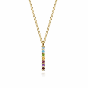 14K Yellow Gold Rainbow Bar Necklace with .12ctw Multicolor Gemstones 17.5