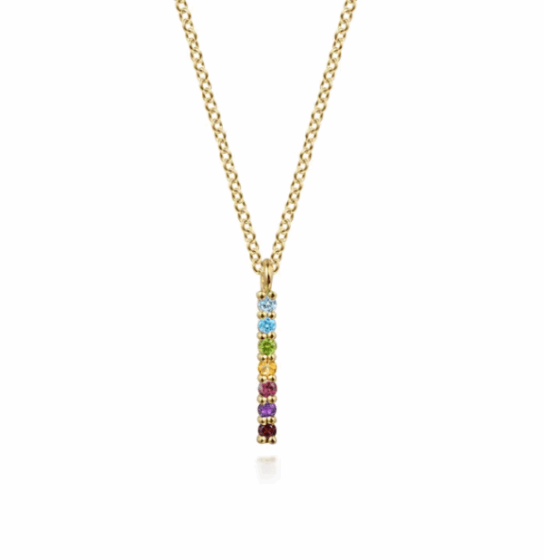 14K Yellow Gold Rainbow Bar Necklace with .12ctw Multicolor Gemstones 17.5″ Fine Jewelry 7