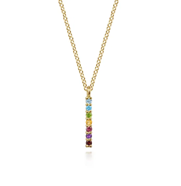 14K Yellow Gold Rainbow Bar Necklace with .12ctw Multicolor Gemstones 17.5″ Fine Jewelry