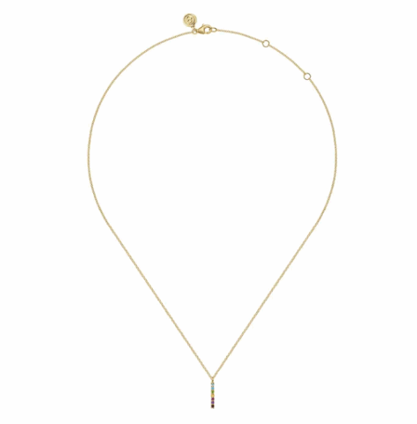 14K Yellow Gold Rainbow Bar Necklace with .12ctw Multicolor Gemstones 17.5″ Fine Jewelry 9