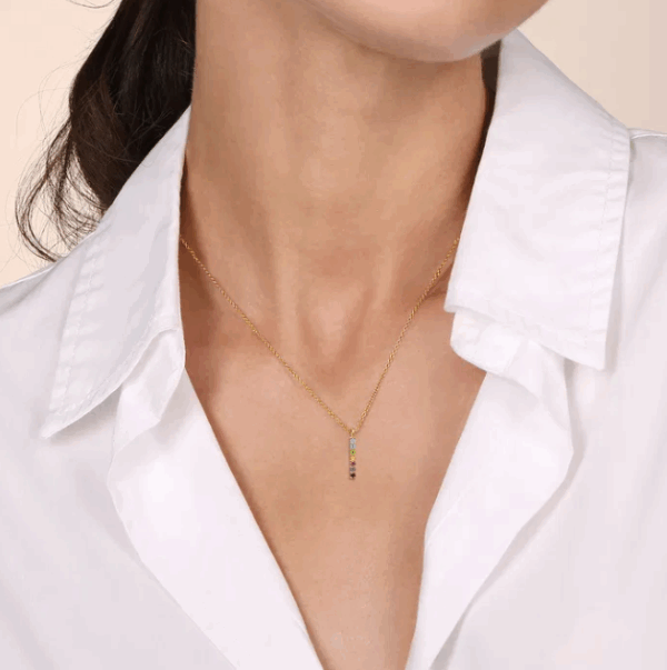 14K Yellow Gold Rainbow Bar Necklace with .12ctw Multicolor Gemstones 17.5″ Fine Jewelry 8