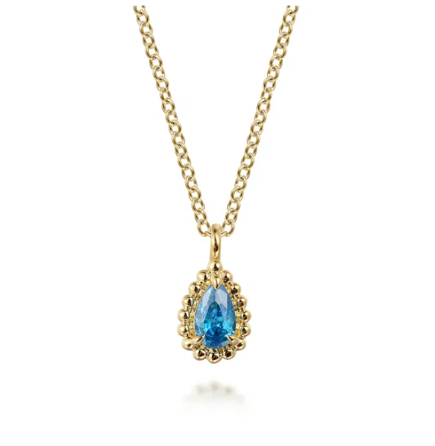 14K Yellow Gold December Birthstone Pendant with .27ct Pear Shape Blue Topaz 17.5″ Fine Jewelry