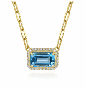 14K Yellow Gold East-West Pendant with 10.52ct Emerald Cut Blue Topaz & .48ctw Diamond Halo 17″ Fine Jewelry 4