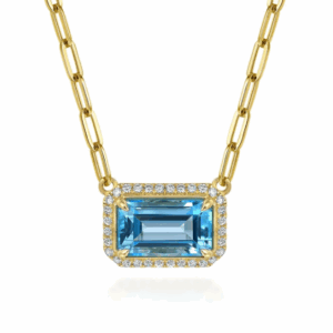 14K Yellow Gold East-West Pendant with 10.52ct Emerald Cut Blue Topaz & .48ctw Diamond Halo 17