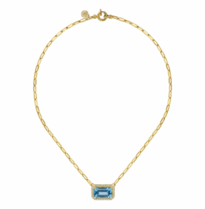 14K Yellow Gold East-West Pendant with 10.52ct Emerald Cut Blue Topaz & .48ctw Diamond Halo 17″ Fine Jewelry 6