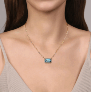 14K Yellow Gold East-West Pendant with 10.52ct Emerald Cut Blue Topaz & .48ctw Diamond Halo 17″ Fine Jewelry 5