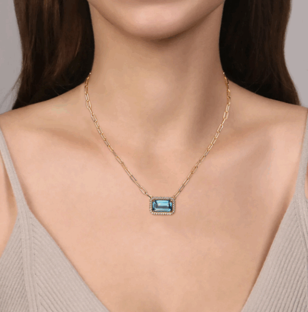 14K Yellow Gold East-West Pendant with 10.52ct Emerald Cut Blue Topaz & .48ctw Diamond Halo 17″ Fine Jewelry 8