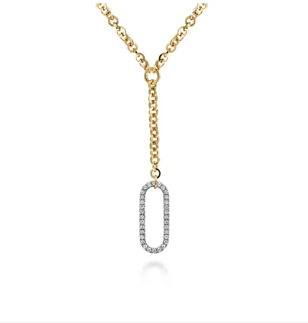 14K Two-Tone Hollow Tube Lariat Necklace with 1.11ctw Diamonds 18″ Fine Jewelry