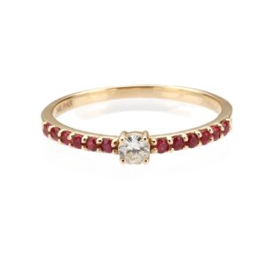 14K Yellow Gold Ring with .30ctw Red Rubies & .12ct Diamond Size 6.75