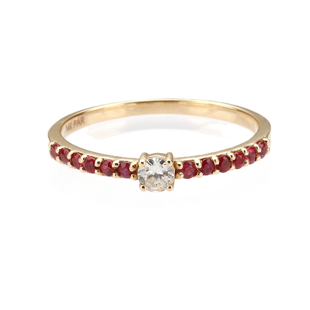 14K Yellow Gold Ring with .30ctw Red Rubies & .12ct Diamond Size 6.75 Fine Jewelry