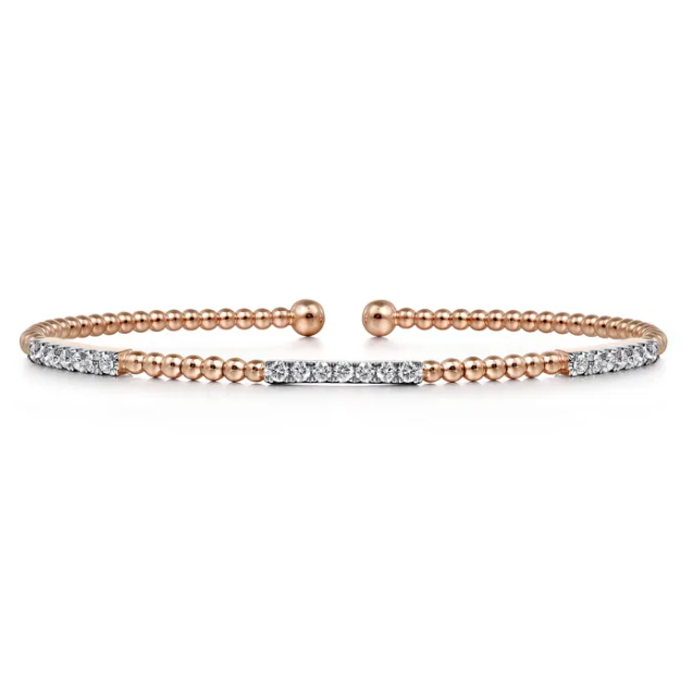 14K Rose Gold Station Bangle with Bujukan Beads & .44ctw Diamonds Size 6.25 Bracelets