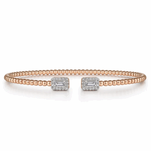 14K Rose Gold Open Cuff Bangle with Bujukan Beads & .30ctw Baguette/Round Diamonds Size 6.25