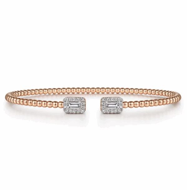 14K Rose Gold Open Cuff Bangle with Bujukan Beads & .30ctw Baguette/Round Diamonds Size 6.25 Bracelets 7