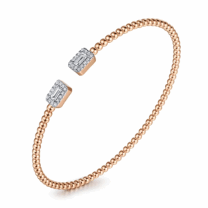 14K Rose Gold Open Cuff Bangle with Bujukan Beads & .30ctw Baguette/Round Diamonds Size 6.25