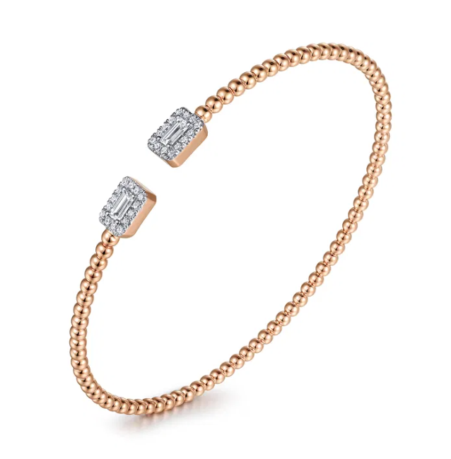 14K Rose Gold Open Cuff Bangle with Bujukan Beads & .30ctw Baguette/Round Diamonds Size 6.25 Bracelets 2