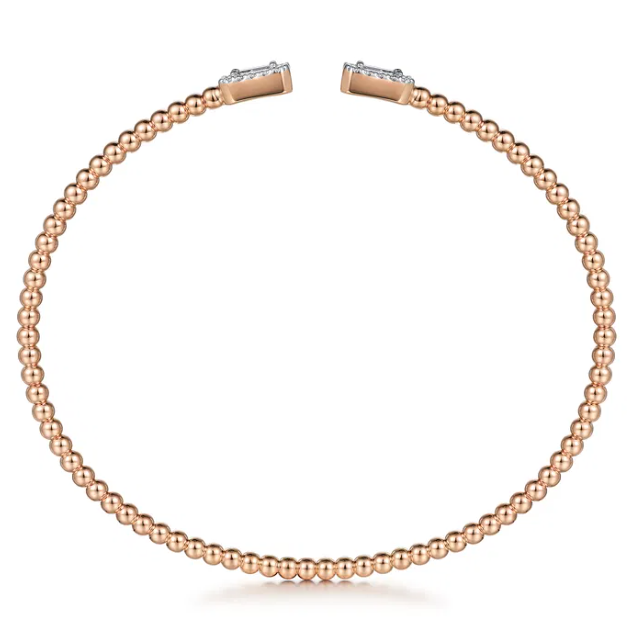 14K Rose Gold Open Cuff Bangle with Bujukan Beads & .30ctw Baguette/Round Diamonds Size 6.25 Bracelets 3