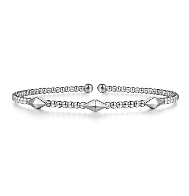14K White Gold Pyramid Station Bangle with Bujukan Beads Size 6.5 Bracelets