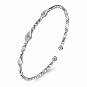 14K White Gold Pyramid Station Bangle with Bujukan Beads Size 6.5