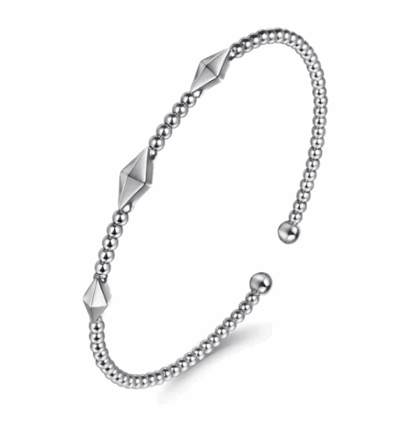 14K White Gold Pyramid Station Bangle with Bujukan Beads Size 6.5 Bracelets 10