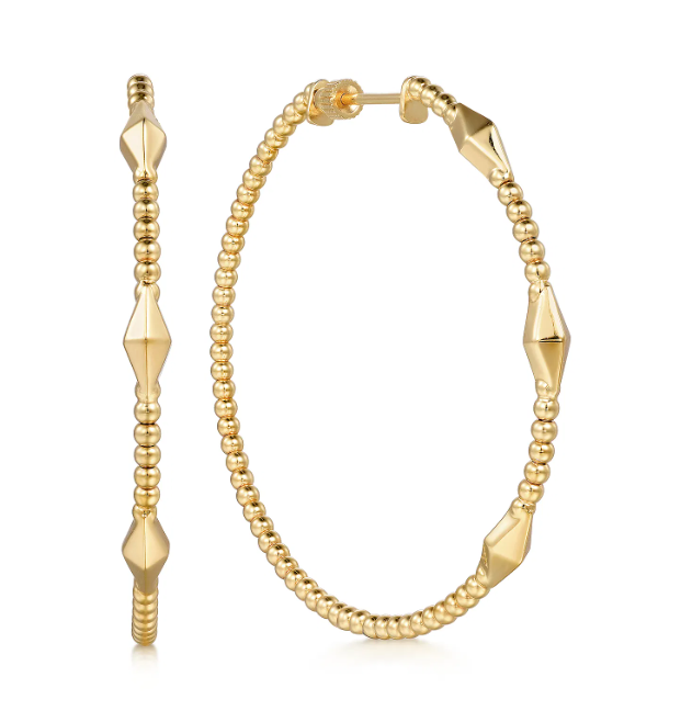 14K Yellow Gold Bujukan Bead Pyramid Hoops 50mm Earrings