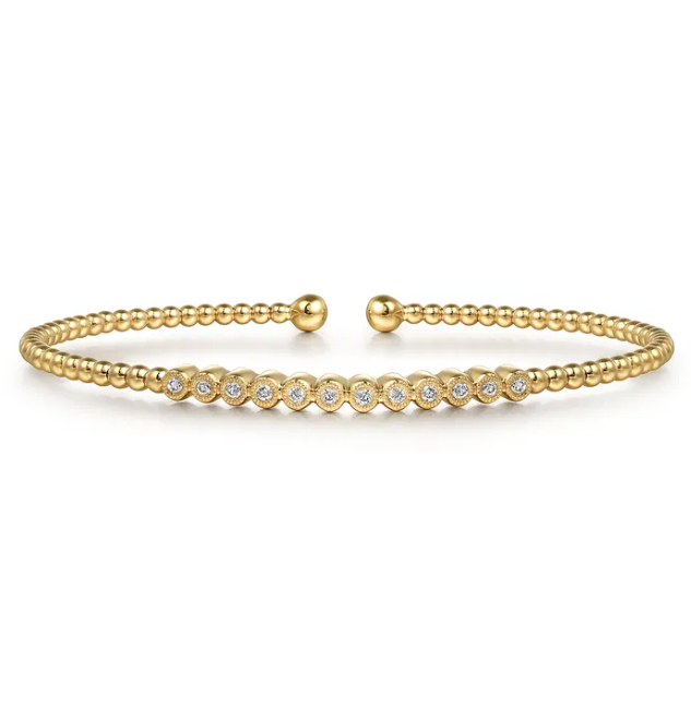 14K Yellow Gold Bangle with Bujukan Beads & .15ctw Diamonds Size 6.5 Bracelets