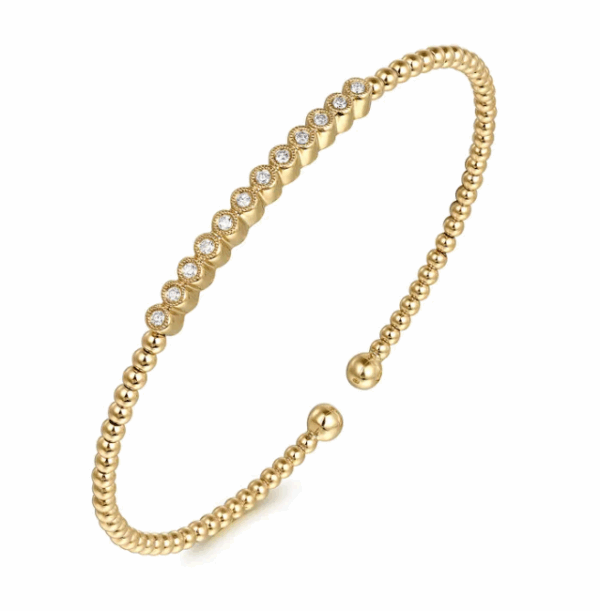 14K Yellow Gold Bangle with Bujukan Beads & .15ctw Diamonds Size 6.5 Bracelets 11