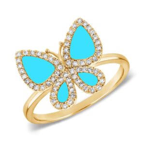 14K Yellow Gold Butterfly Ring with .41ctw Turquoise & .15ctw Diamonds Size 5.75