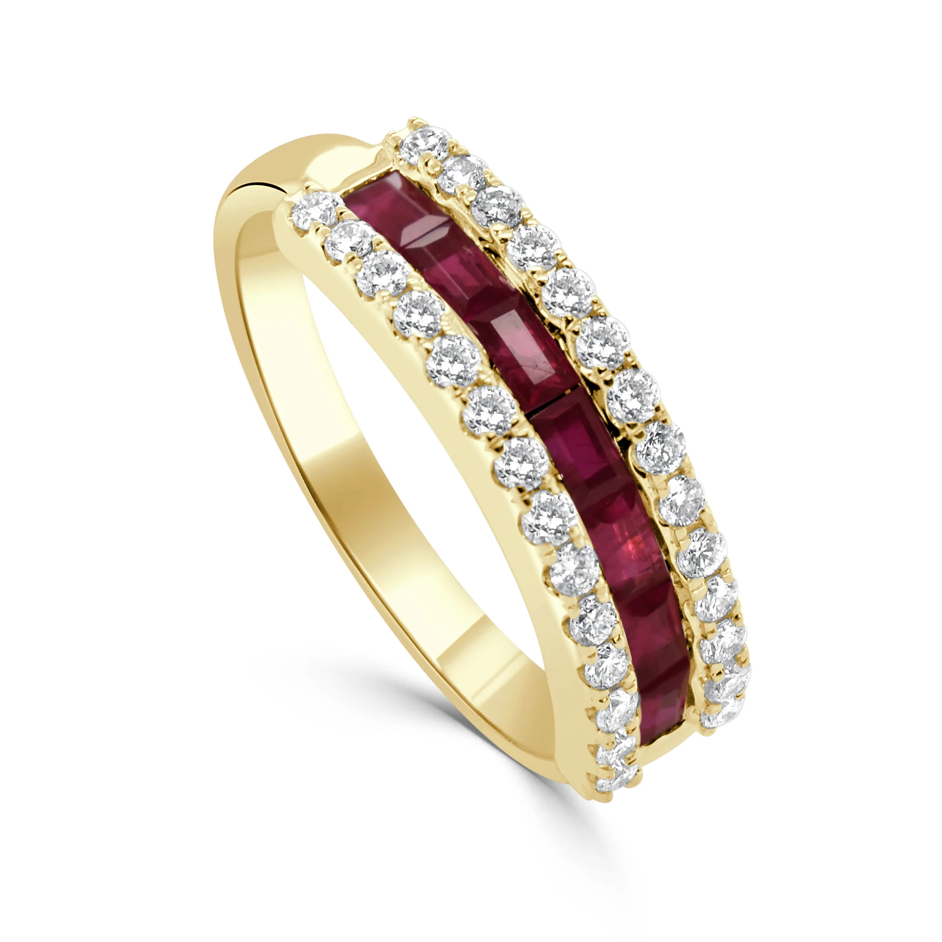 14K Yellow Gold Ring with .82ctw Baguette Red Rubies & .34ctw Round Diamonds Size 6.5 Fine Jewelry