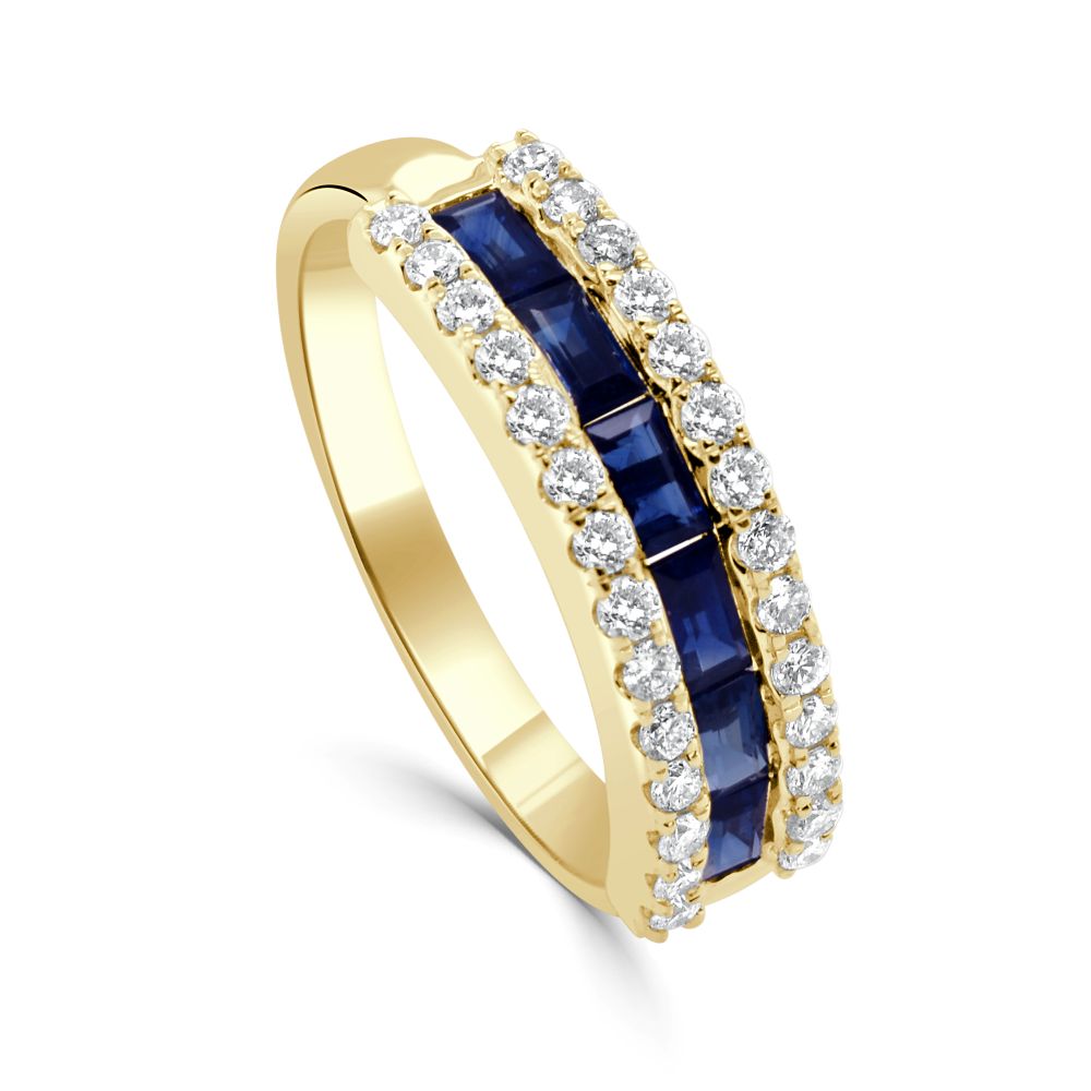 14K Yellow Gold Ring with .69ctw Baguette Blue Sapphires & .33ctw Round Diamonds Size 6.5 Fine Jewelry