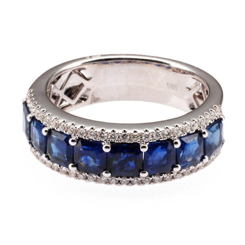 14K White Gold Ring with 3.00ctw Square Cut Blue Sapphires & .40ctw Diamonds Size 6.5 Fine Jewelry