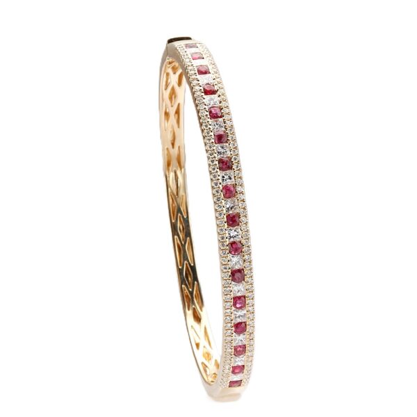 14K Yellow Gold Bangle with 1.60ctw Red Rubies & 2.50ctw Princess/Round Diamonds Size 6.5 Bracelets 6
