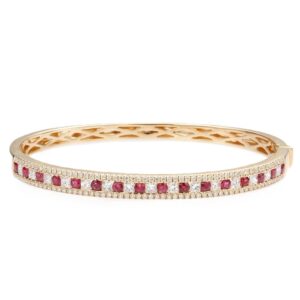 14K Yellow Gold Bangle with 1.60ctw Red Rubies & 2.50ctw Princess/Round Diamonds Size 6.5
